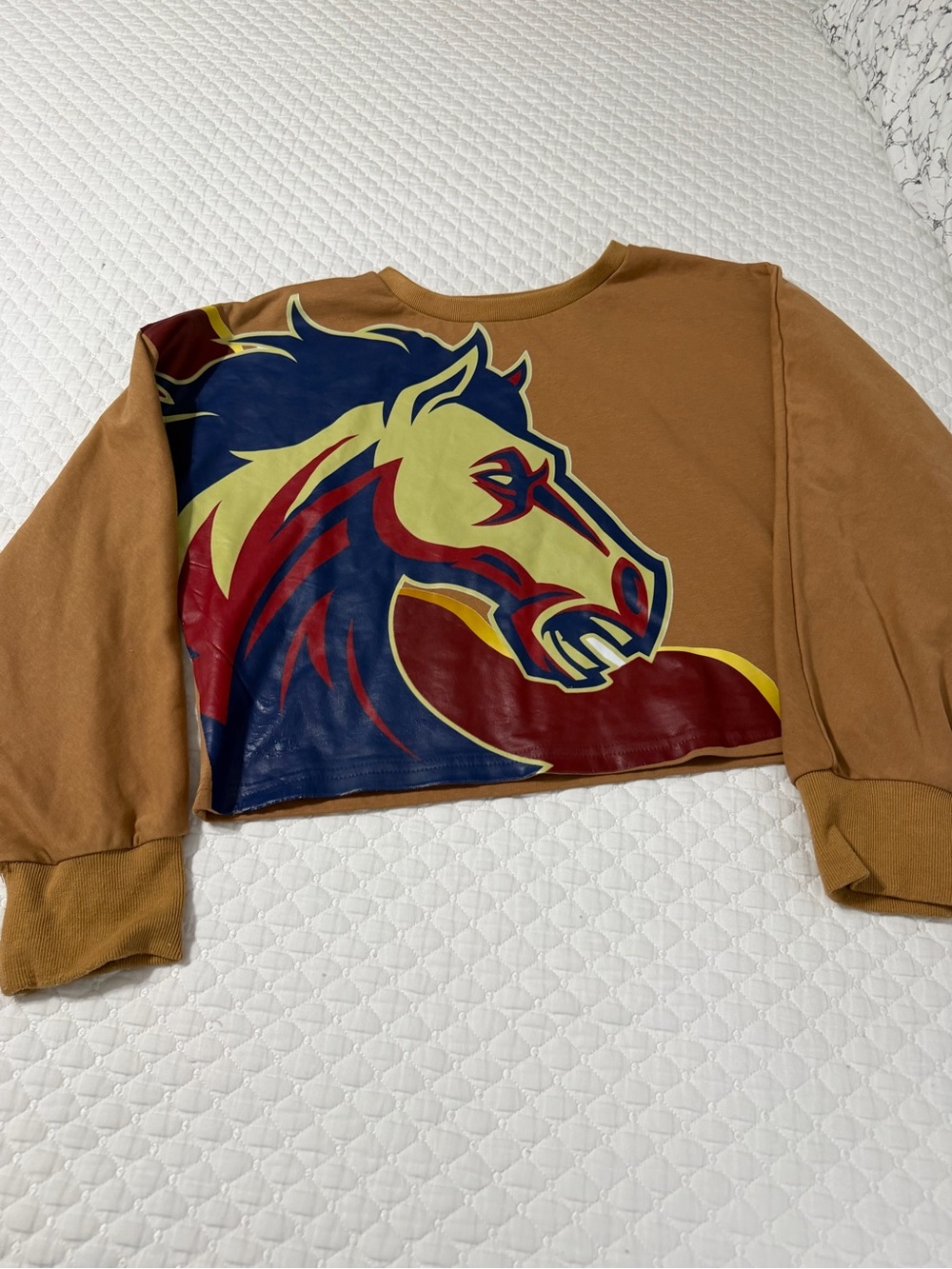 Brown Cropped Sweatshirt with Bold Horse Graphic